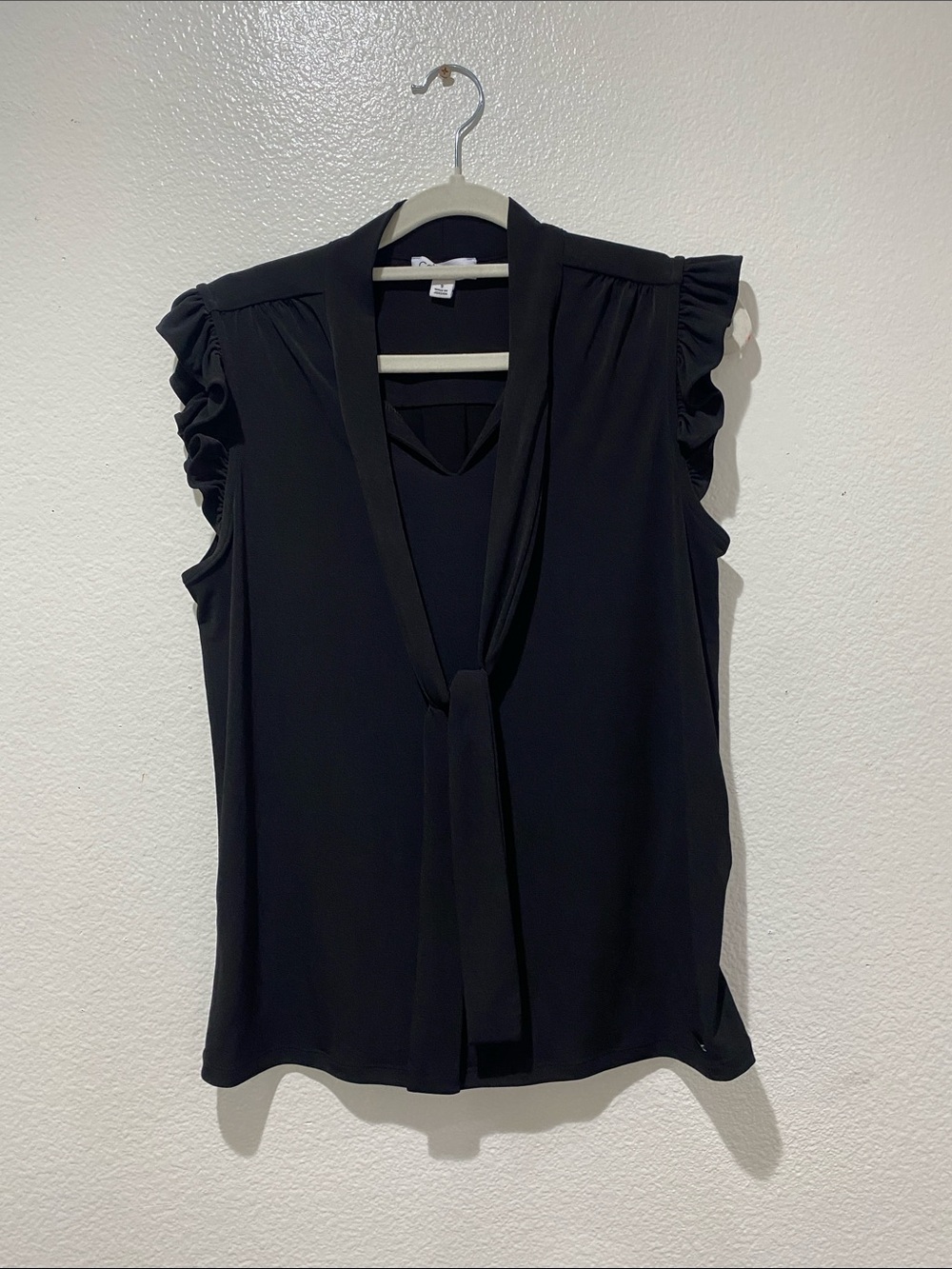 CALVIN KLEIN Black Tie-Neck Ruffle Sleeve Women's Top. Size S - Picture 4 of 10
